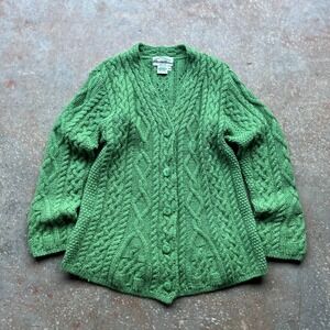 Aran Crafts Ireland Green 100% Merino Wool Cable Knit Cardigan Sweater Womens M